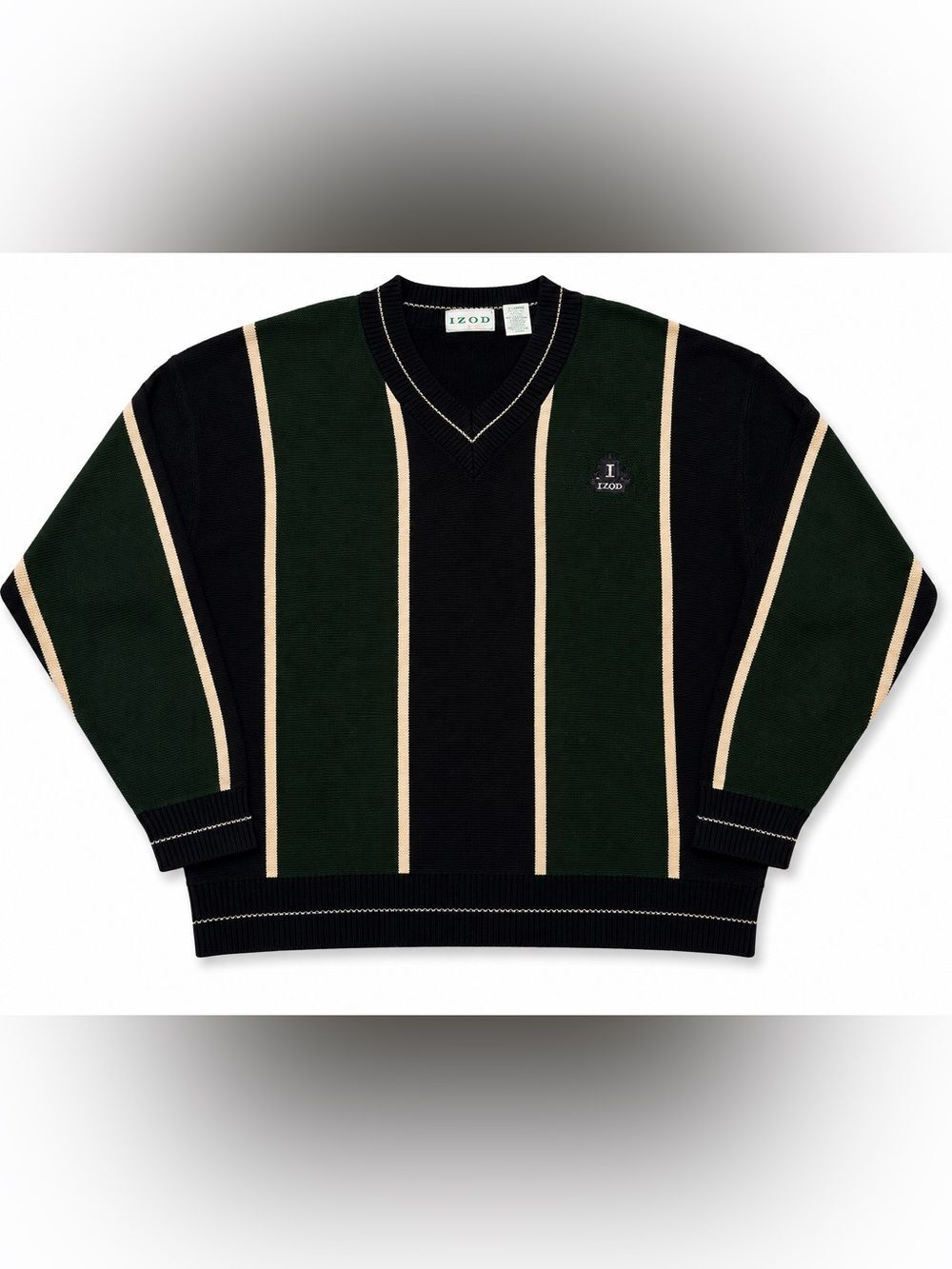 Vintage IZOD Mens XL V-Neck Sweater Green Black Stripe 100% Cotton Preppy